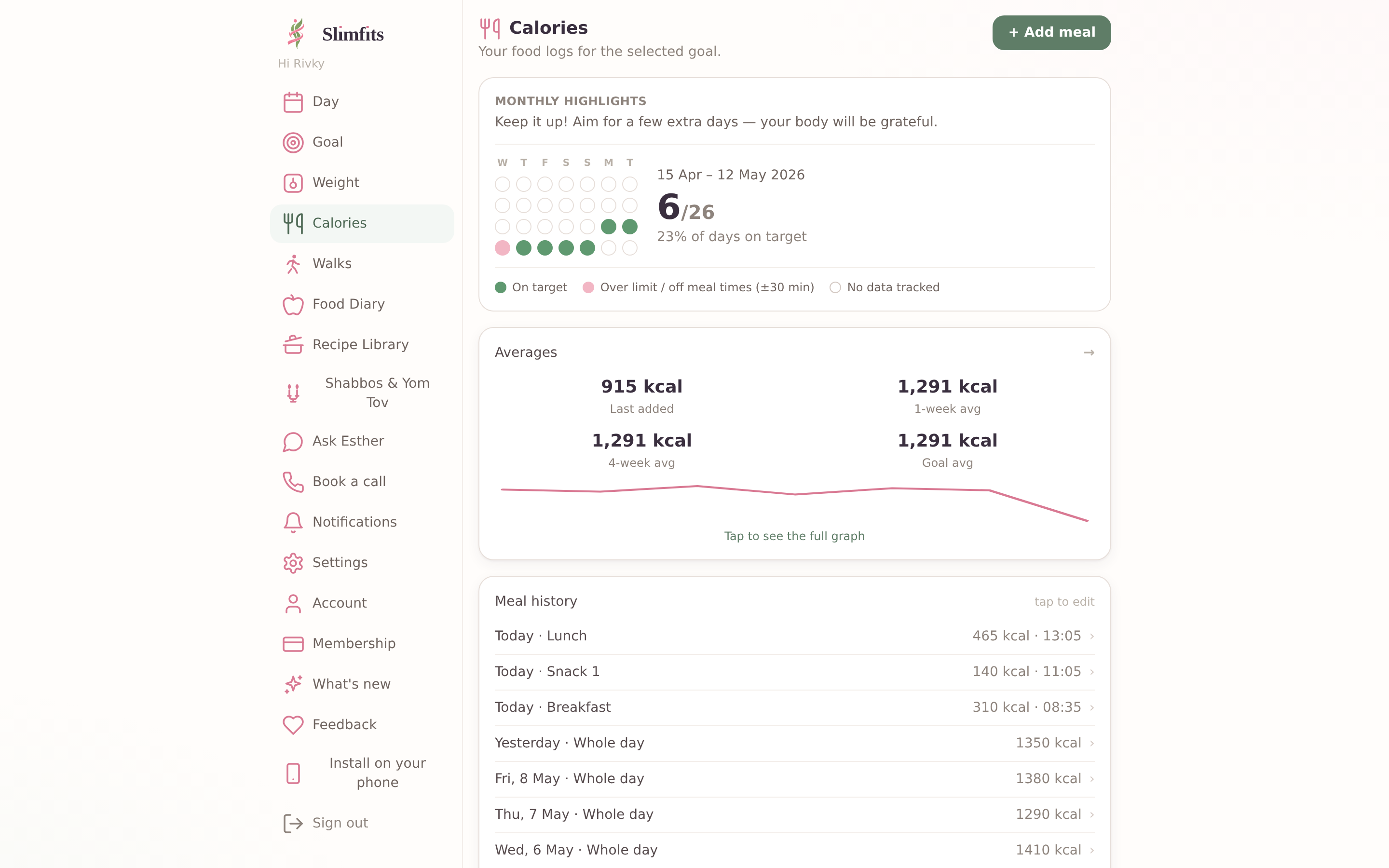 Calories and meal history